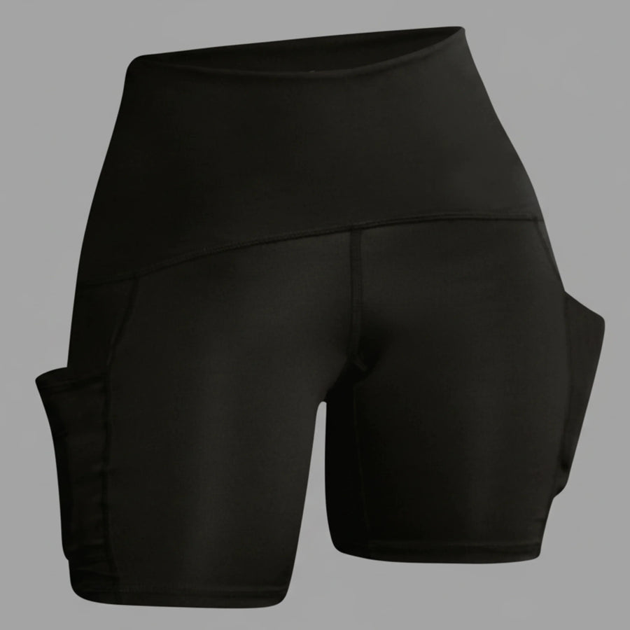 Black high-waisted femtech activewear shorts with side pockets for cooling and moisture control