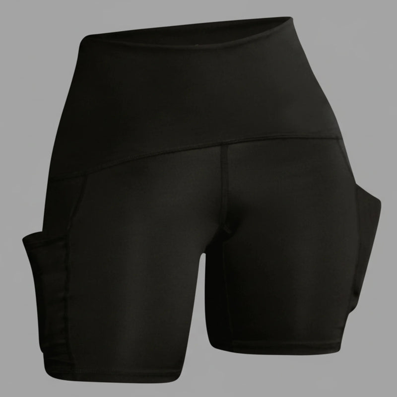 Black high-waisted femtech activewear shorts with side pockets for cooling and moisture control