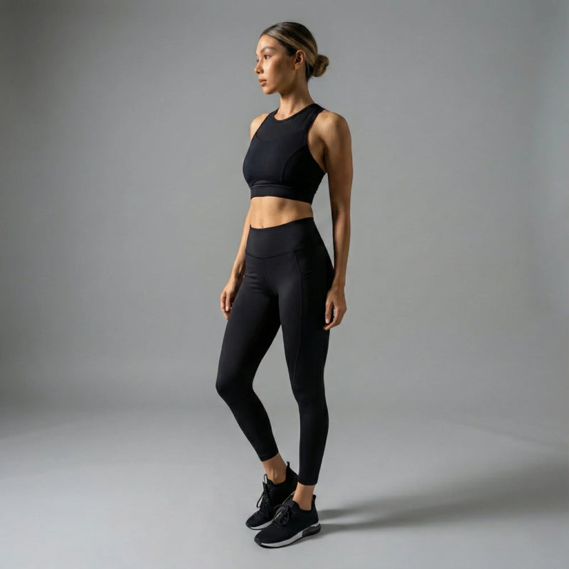 Woman wearing black Oya Femtech activewear set with crop top and high-waisted leggings, standing on gray background