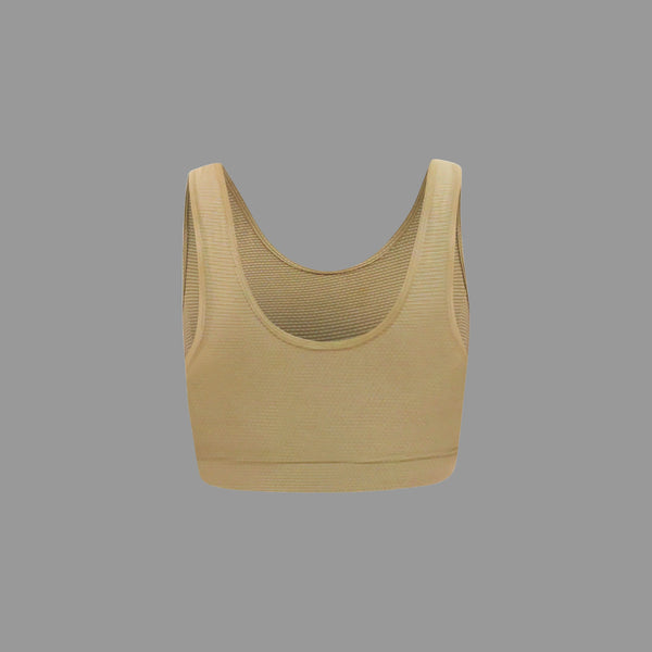 Oya Femtech beige cooling moisture-control seamless sports bra with wide straps on gray background