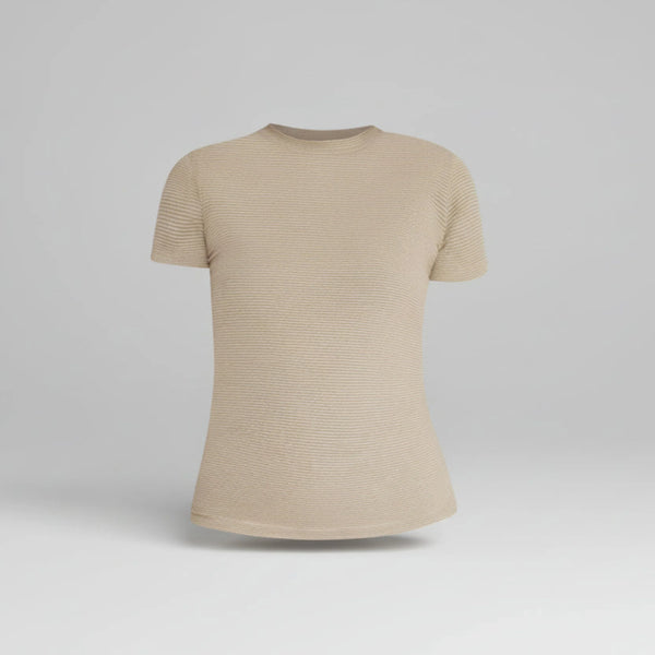 Beige ribbed short sleeve Femtech activewear shirt on plain gray background