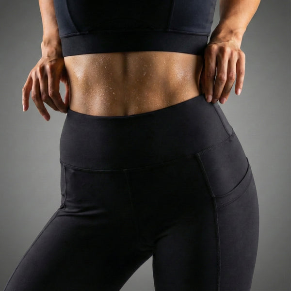 Close-up of a fit woman wearing black femtech activewear leggings and crop top, showcasing toned abs with sweat droplets